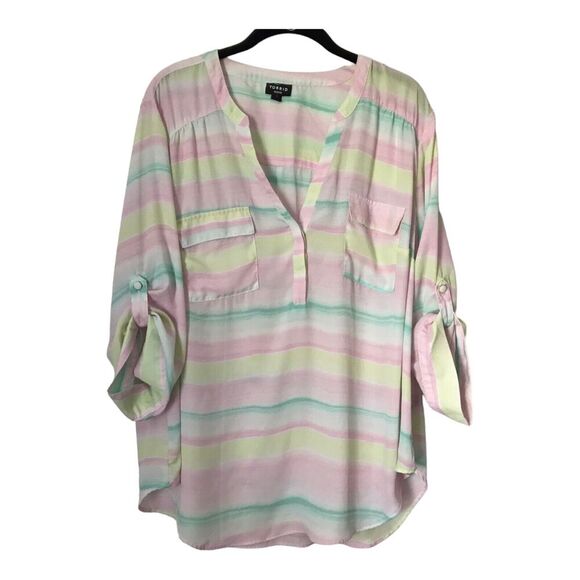 Torrid Harper Georgette Top Size 2 Pastel Stripe 3/4 Sleeve Roll Tab Sheer Tunic - Picture 6 of 13
